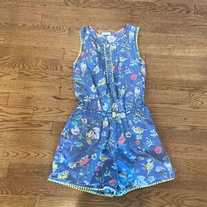 Girls size 11-12 Mini Boden romper in blue bird and floral pattern.
